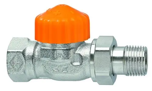 Thermostatventil mit orangefarbener Kappe und metallischem Gehäuse, hergestellt von IMI Hydronic Engineering, zur Regelung des Durchflusses in Heizsystemen.